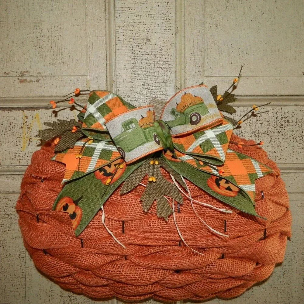 Handmade Halloween Fall 3D Burlap Pumpkin Door Wreath